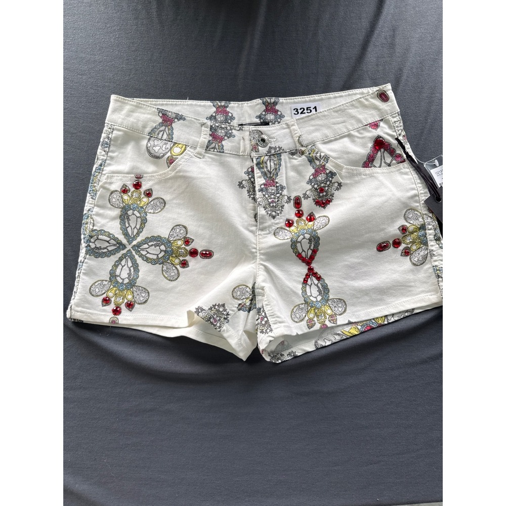 Dex 1963 Jewel Bijou White Denim Shorts Rhinestone Embellished Print Size 28 NWT